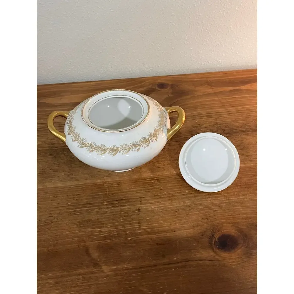 Vtg Limoges France G.D.&Cie Avenir Sugar Bowl French Country Gold Trim Porcelain
